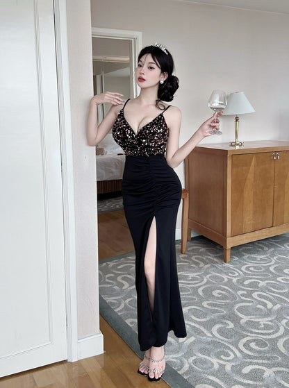Sheen Pink Sequins High-Slit Maxi Dress Charming Black Spaghetti Strap Mermaid Long Dress AP3622