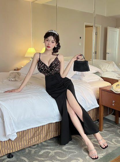 Sheen Pink Sequins High-Slit Maxi Dress Charming Black Spaghetti Strap Mermaid Long Dress AP3622