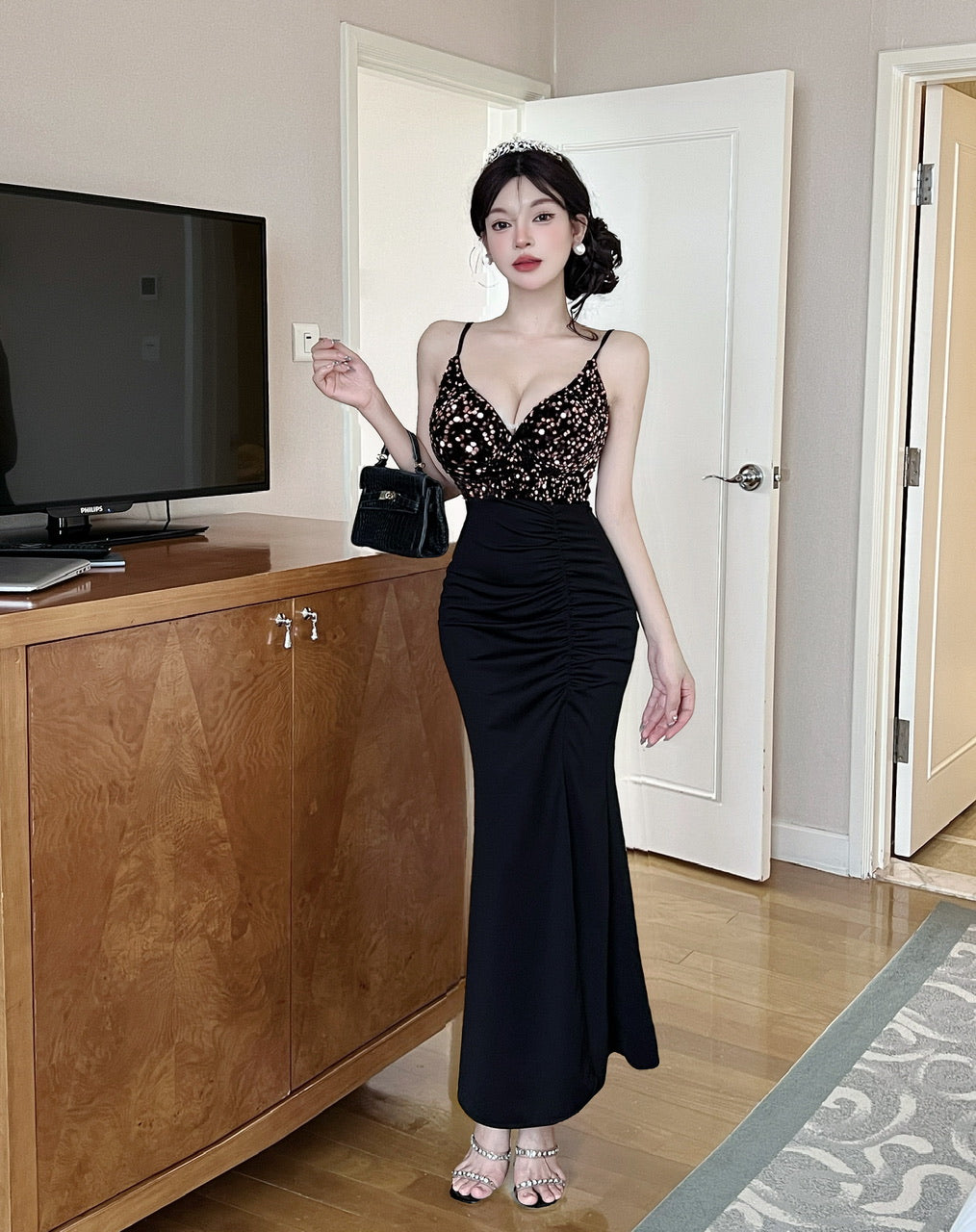 Sheen Pink Sequins High-Slit Maxi Dress Charming Black Spaghetti Strap Mermaid Long Dress AP3622