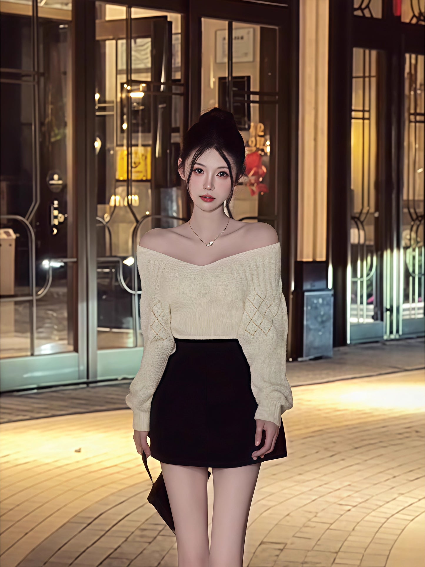 Alluring Off-The-Shoulder Knit Sweater & Cinched Waist Black Mini Skirt Casual Two-Piece Set Long Sleeve A-Line Short Dress AP3623