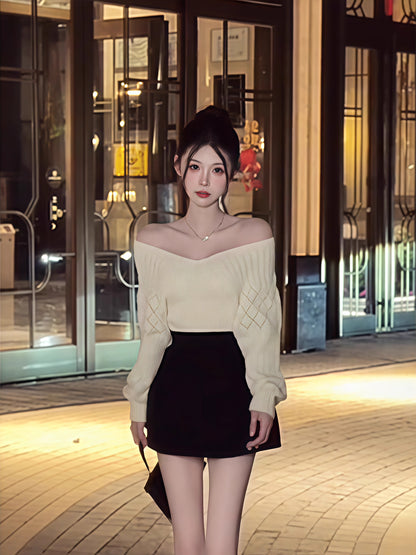 Alluring Off-The-Shoulder Knit Sweater & Cinched Waist Black Mini Skirt Casual Two-Piece Set Long Sleeve A-Line Short Dress AP3623