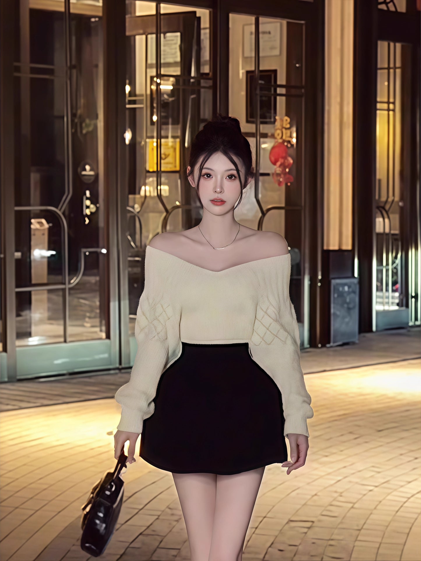 Alluring Off-The-Shoulder Knit Sweater & Cinched Waist Black Mini Skirt Casual Two-Piece Set Long Sleeve A-Line Short Dress AP3623