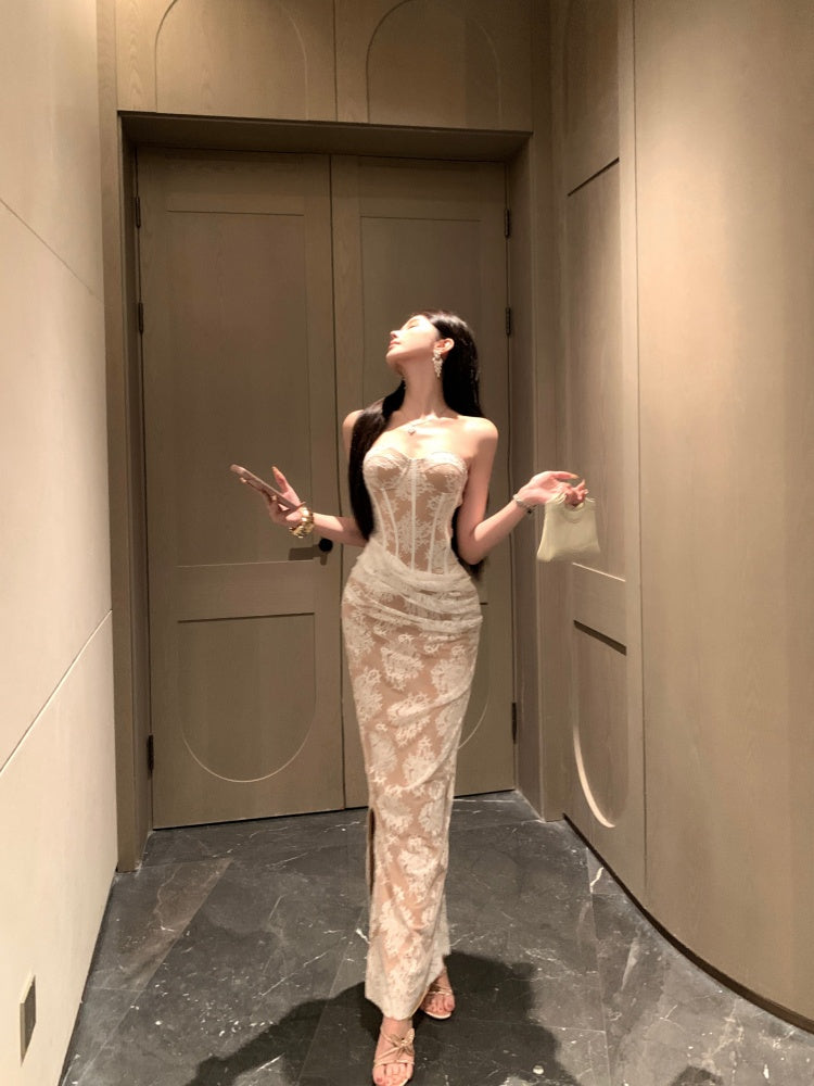 Gorgeous Strapless Backless Mermaid Evening Maxi Dresses Charming Lace Ruched Tulle Splicing Slit Long Dress AP3624