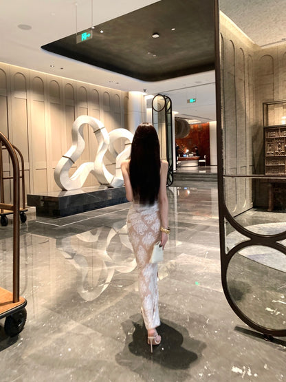 Gorgeous Strapless Backless Mermaid Evening Maxi Dresses Charming Lace Ruched Tulle Splicing Slit Long Dress AP3624