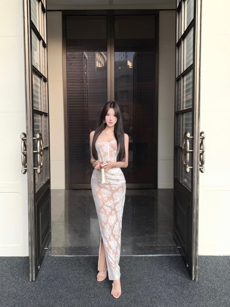 Gorgeous Strapless Backless Mermaid Evening Maxi Dresses Charming Lace Ruched Tulle Splicing Slit Long Dress AP3624