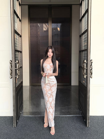 Gorgeous Strapless Backless Mermaid Evening Maxi Dresses Charming Lace Ruched Tulle Splicing Slit Long Dress AP3624