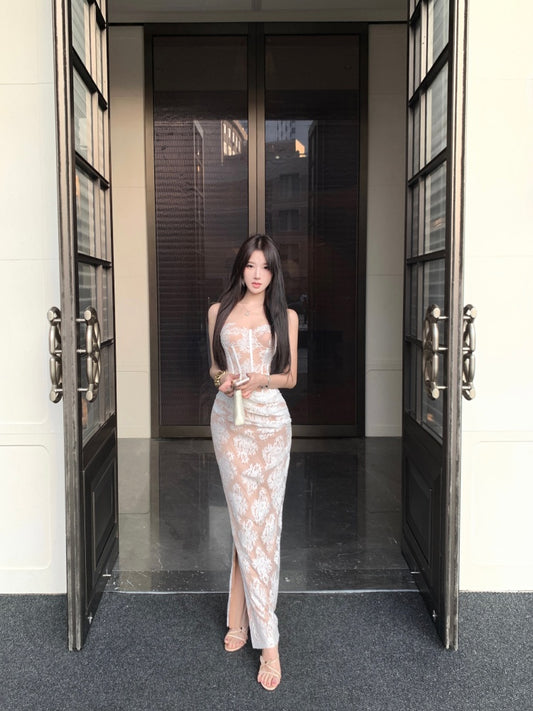 Gorgeous Strapless Backless Mermaid Evening Maxi Dresses Charming Lace Ruched Tulle Splicing Slit Long Dress AP3624