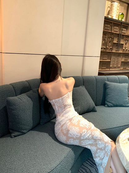 Gorgeous Strapless Backless Mermaid Evening Maxi Dresses Charming Lace Ruched Tulle Splicing Slit Long Dress AP3624