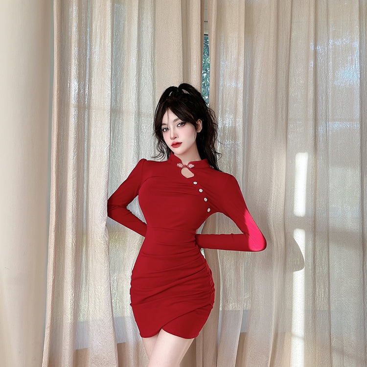 Glam Long Sleeve Cutout Red Mini Dress Graceful Mandarin Collar Bodycon Short Dress AP3625