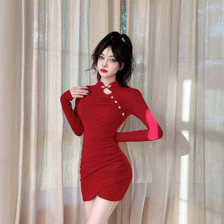 Glam Long Sleeve Cutout Red Mini Dress Graceful Mandarin Collar Bodycon Short Dress AP3625