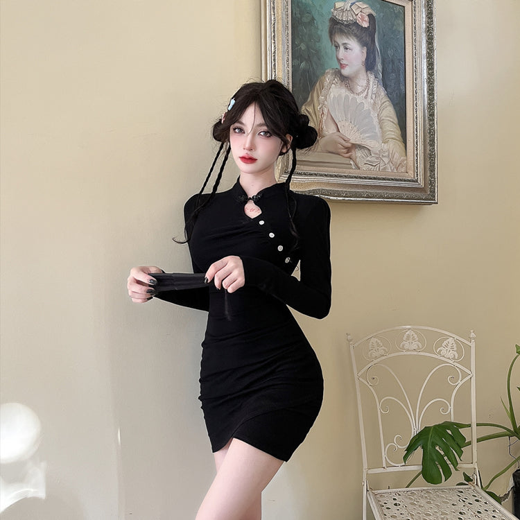 Glamorous Mandarin Collar Black Mini Dress Classical Bodycon Long Sleeve Cutout Short Dress AP3626