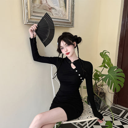 Glamorous Mandarin Collar Black Mini Dress Classical Bodycon Long Sleeve Cutout Short Dress AP3626