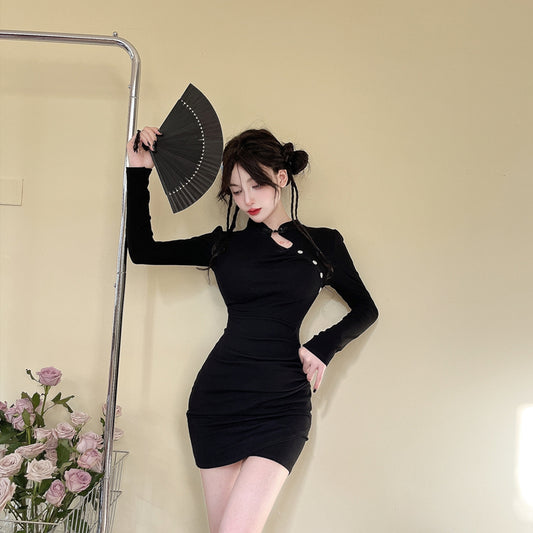 Glamorous Mandarin Collar Black Mini Dress Classical Bodycon Long Sleeve Cutout Short Dress AP3626