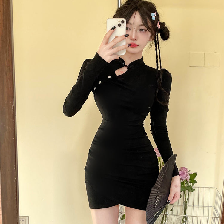 Glamorous Mandarin Collar Black Mini Dress Classical Bodycon Long Sleeve Cutout Short Dress AP3626