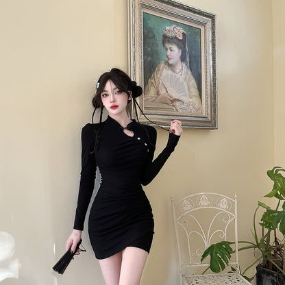 Glamorous Mandarin Collar Black Mini Dress Classical Bodycon Long Sleeve Cutout Short Dress AP3626