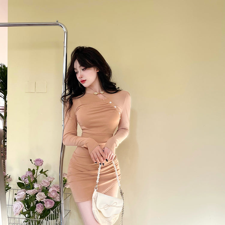 Dramatic Bodycon Long Sleeve Asymmetric Hem Mini Dress Fashion Cutout Mandarin Collar Short Dress AP3627