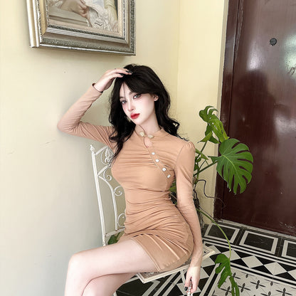 Dramatic Bodycon Long Sleeve Asymmetric Hem Mini Dress Fashion Cutout Mandarin Collar Short Dress AP3627