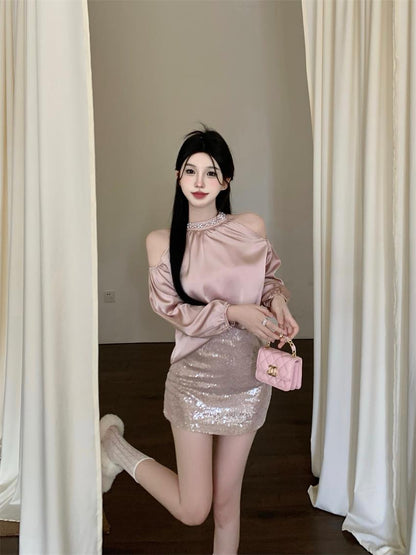 Stunning Long Sleeve Jewel Neck Bodycon Mini Dress Sexy 2-Piece Set Sequins Crystals Short Dress AP3628