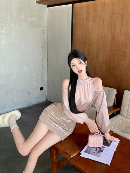 Stunning Long Sleeve Jewel Neck Bodycon Mini Dress Sexy 2-Piece Set Sequins Crystals Short Dress AP3628