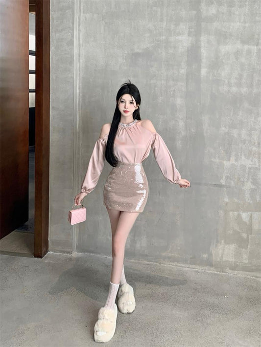 Stunning Long Sleeve Jewel Neck Bodycon Mini Dress Sexy 2-Piece Set Sequins Crystals Short Dress AP3628