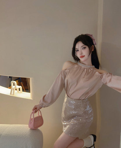 Stunning Long Sleeve Jewel Neck Bodycon Mini Dress Sexy 2-Piece Set Sequins Crystals Short Dress AP3628