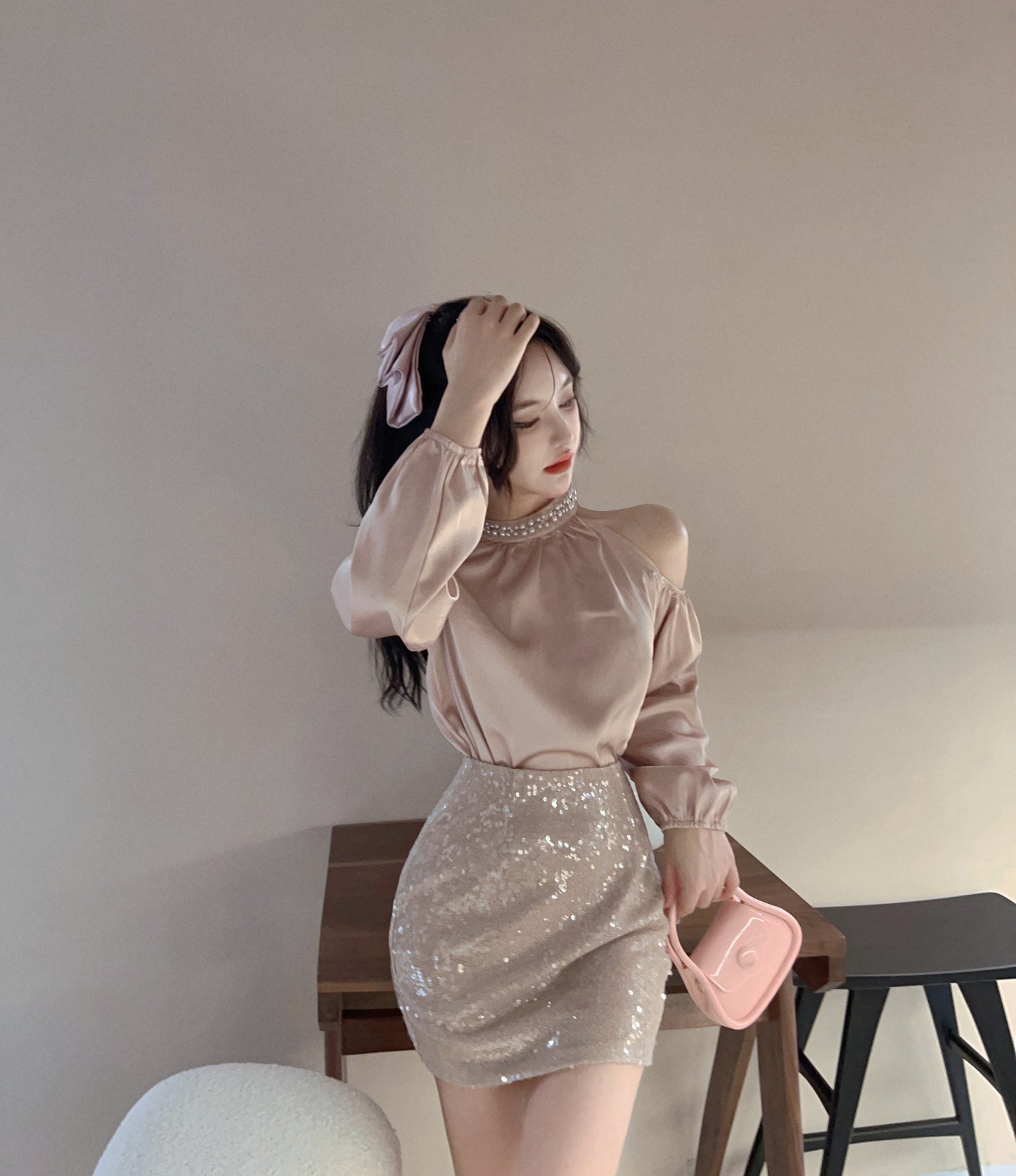 Stunning Long Sleeve Jewel Neck Bodycon Mini Dress Sexy 2-Piece Set Sequins Crystals Short Dress AP3628