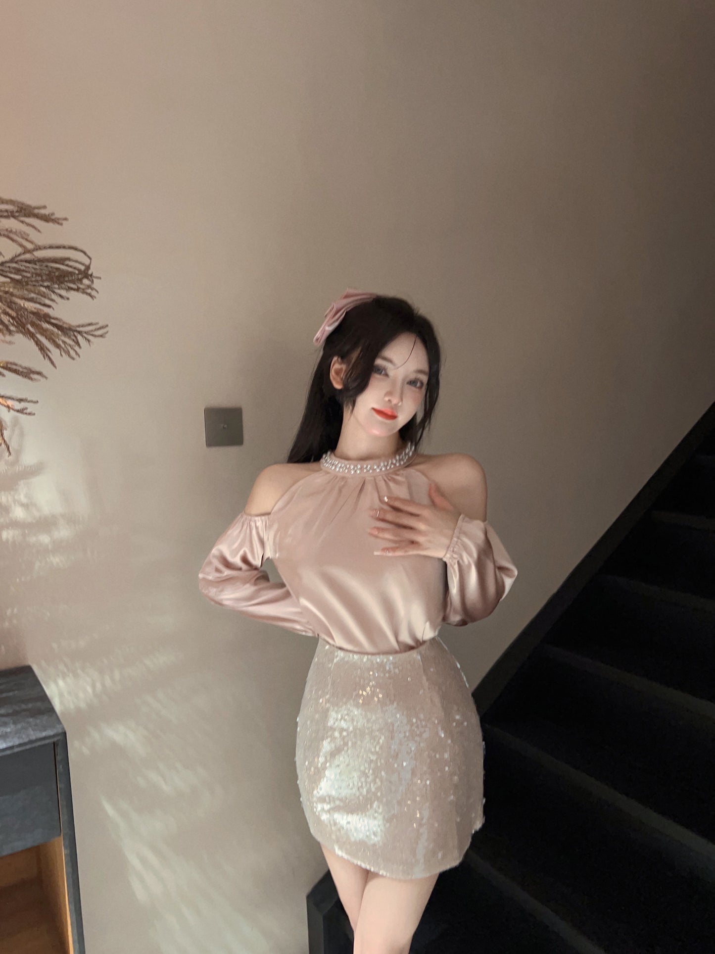 Stunning Long Sleeve Jewel Neck Bodycon Mini Dress Sexy 2-Piece Set Sequins Crystals Short Dress AP3628