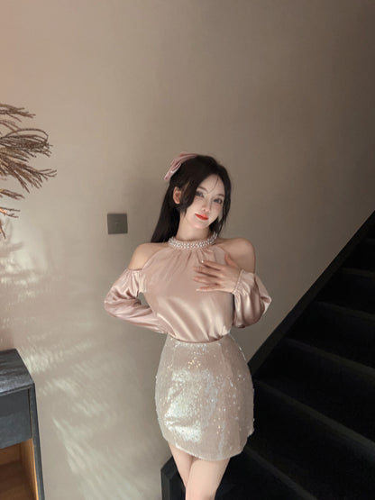 Stunning Long Sleeve Jewel Neck Bodycon Mini Dress Sexy 2-Piece Set Sequins Crystals Short Dress AP3628