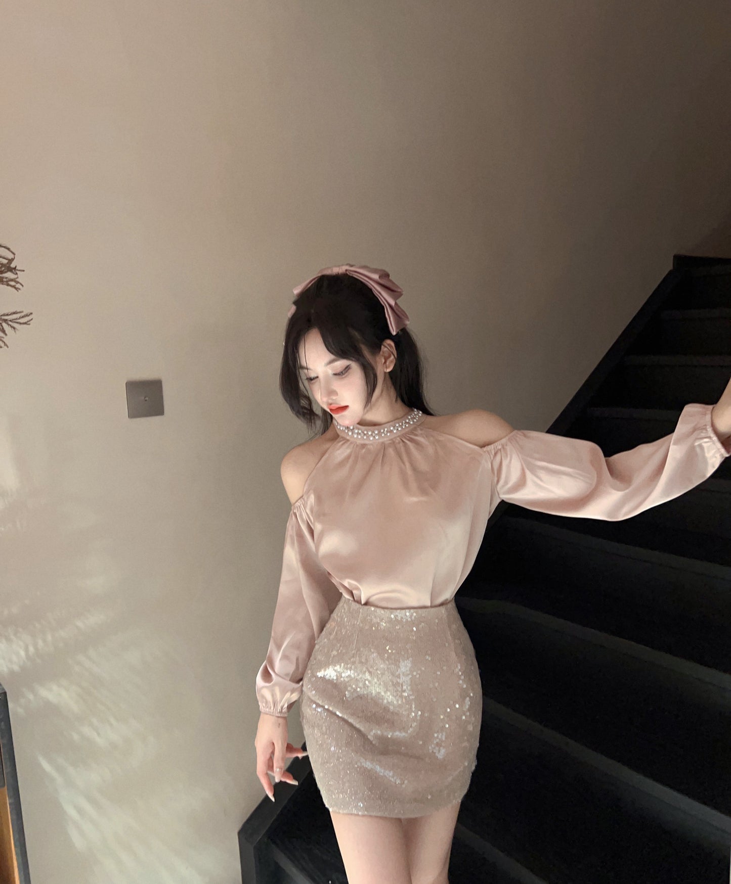 Stunning Long Sleeve Jewel Neck Bodycon Mini Dress Sexy 2-Piece Set Sequins Crystals Short Dress AP3628