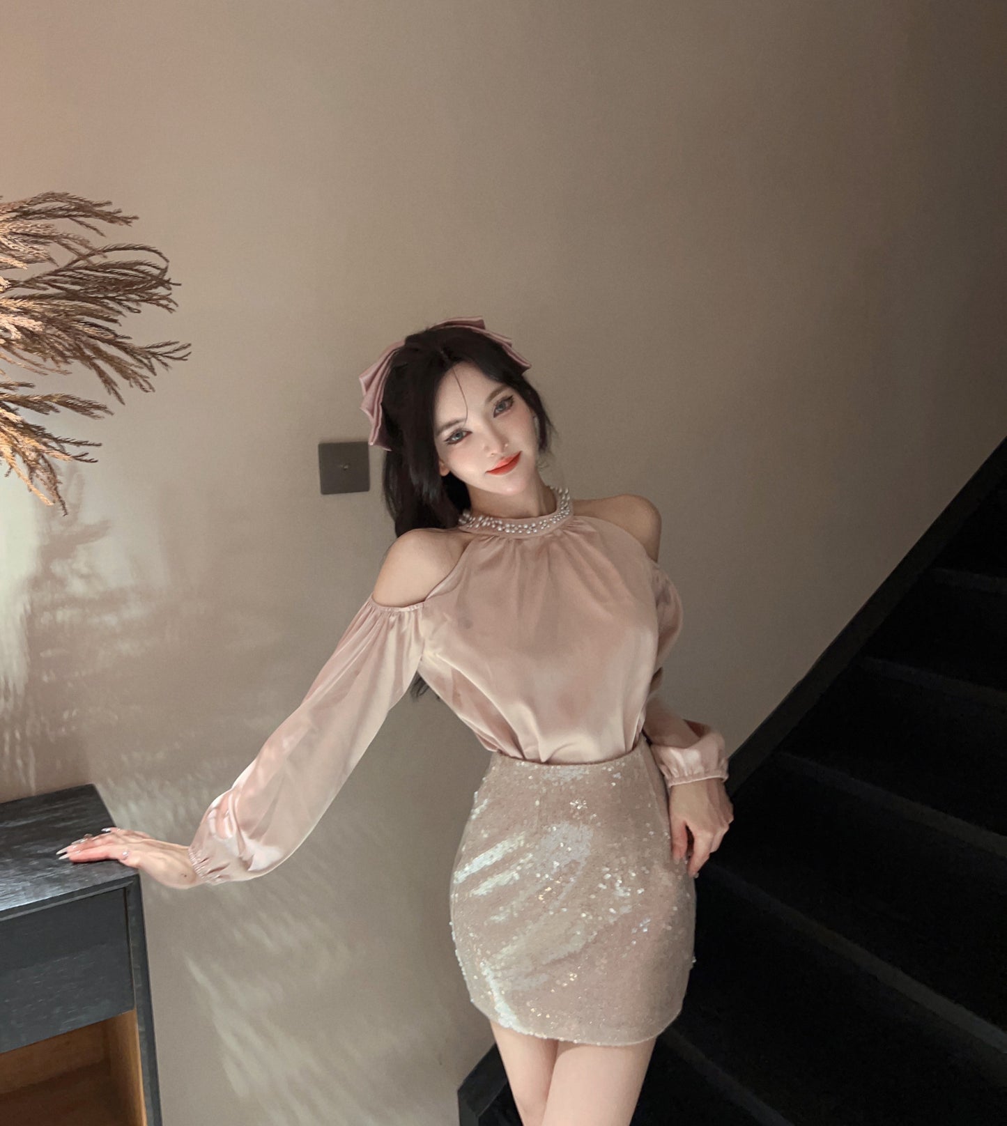 Stunning Long Sleeve Jewel Neck Bodycon Mini Dress Sexy 2-Piece Set Sequins Crystals Short Dress AP3628