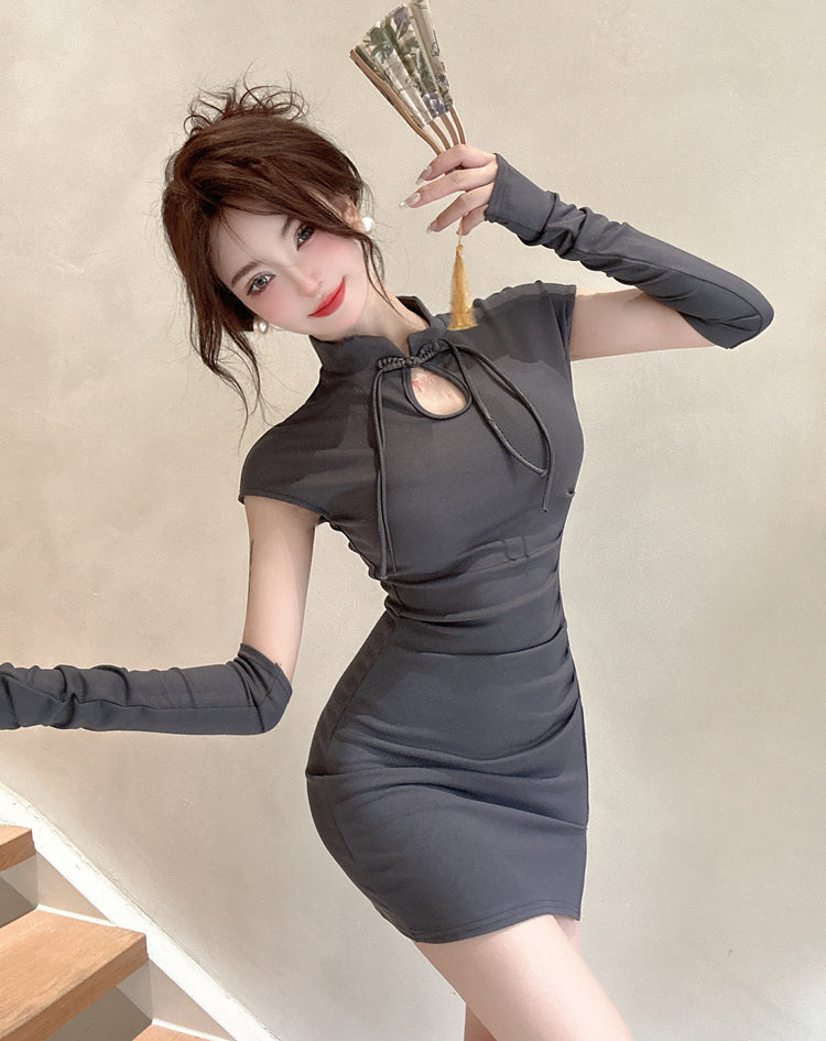 Novelty Bodycon Short Sleeve Cutout Mini Dress Oriental Style Mandarin Collar Slit Short Dress AP3629