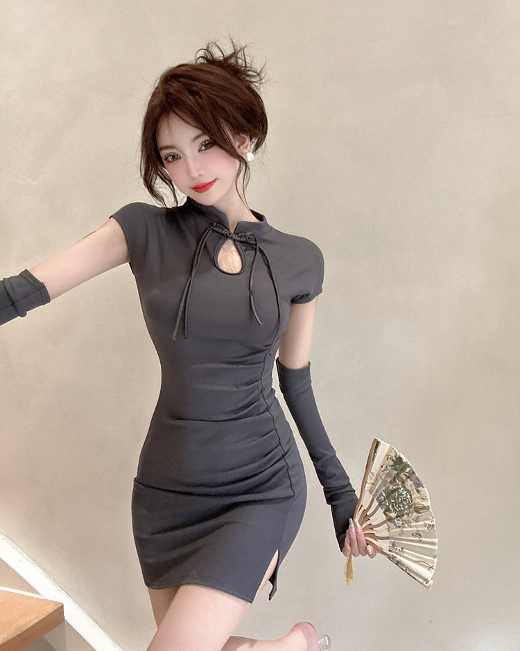 Novelty Bodycon Short Sleeve Cutout Mini Dress Oriental Style Mandarin Collar Slit Short Dress AP3629