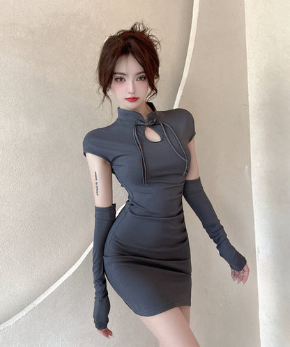 Novelty Bodycon Short Sleeve Cutout Mini Dress Oriental Style Mandarin Collar Slit Short Dress AP3629