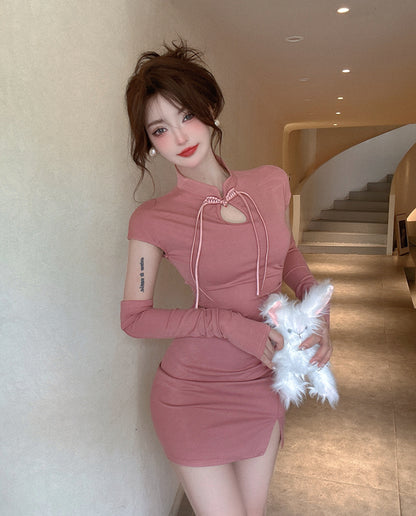 Unique Cutout Mandarin Collar Bodycon Mini Dress Cute Short Sleeve Slit Short Dress AP3630