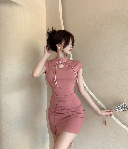 Unique Cutout Mandarin Collar Bodycon Mini Dress Cute Short Sleeve Slit Short Dress AP3630