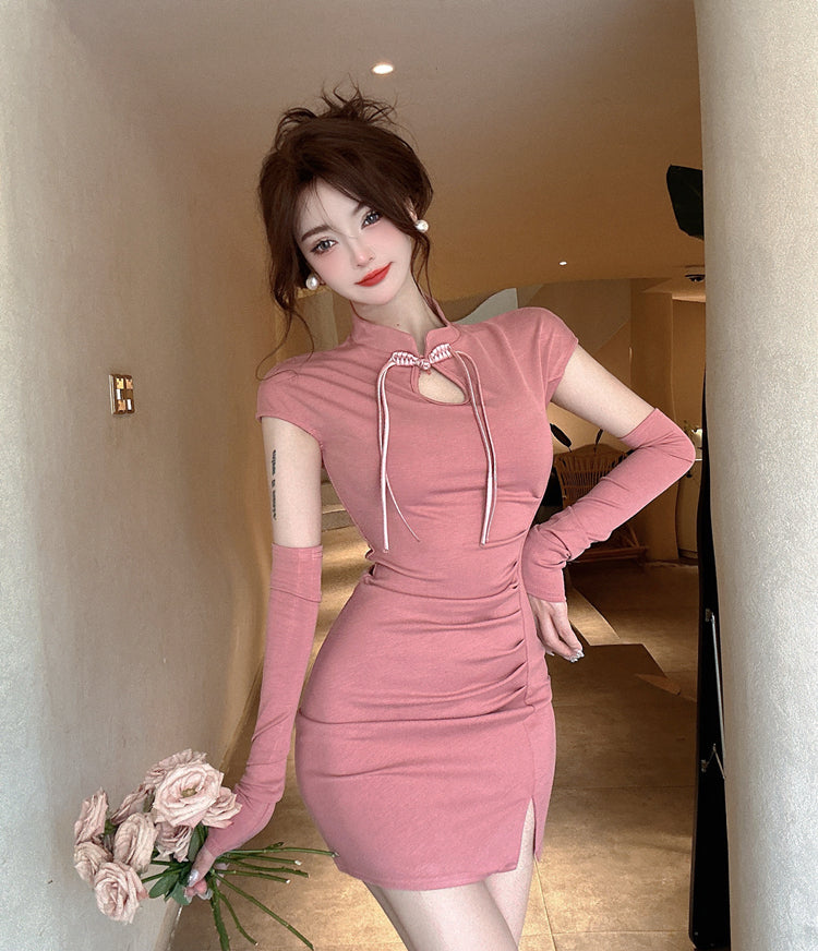 Unique Cutout Mandarin Collar Bodycon Mini Dress Cute Short Sleeve Slit Short Dress AP3630