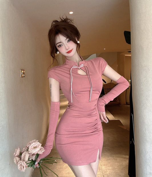 Unique Cutout Mandarin Collar Bodycon Mini Dress Cute Short Sleeve Slit Short Dress AP3630
