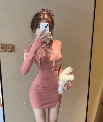 Unique Cutout Mandarin Collar Bodycon Mini Dress Cute Short Sleeve Slit Short Dress AP3630