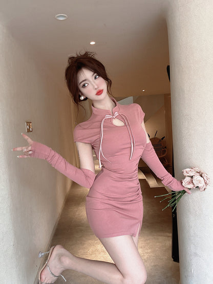 Unique Cutout Mandarin Collar Bodycon Mini Dress Cute Short Sleeve Slit Short Dress AP3630