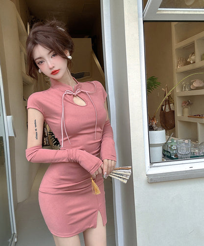 Unique Cutout Mandarin Collar Bodycon Mini Dress Cute Short Sleeve Slit Short Dress AP3630