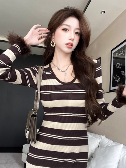 Fashionable Long Sleeve Sheath Feather Trim Maxi Dress Everyday Wear Stripe Jewel Neck Long Dress AP3631