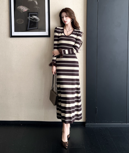 Fashionable Long Sleeve Sheath Feather Trim Maxi Dress Everyday Wear Stripe Jewel Neck Long Dress AP3631