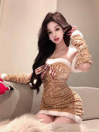 Christmas Day Style Off-Shoulder Bows Mini Skirt Glittering Sequins Fur Trim Bodycon Short Dress AP3633