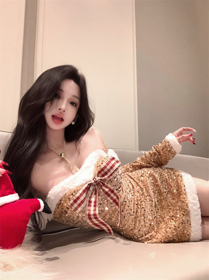Christmas Day Style Off-Shoulder Bows Mini Skirt Glittering Sequins Fur Trim Bodycon Short Dress AP3633