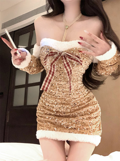 Christmas Day Style Off-Shoulder Bows Mini Skirt Glittering Sequins Fur Trim Bodycon Short Dress AP3633
