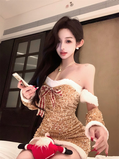 Christmas Day Style Off-Shoulder Bows Mini Skirt Glittering Sequins Fur Trim Bodycon Short Dress AP3633
