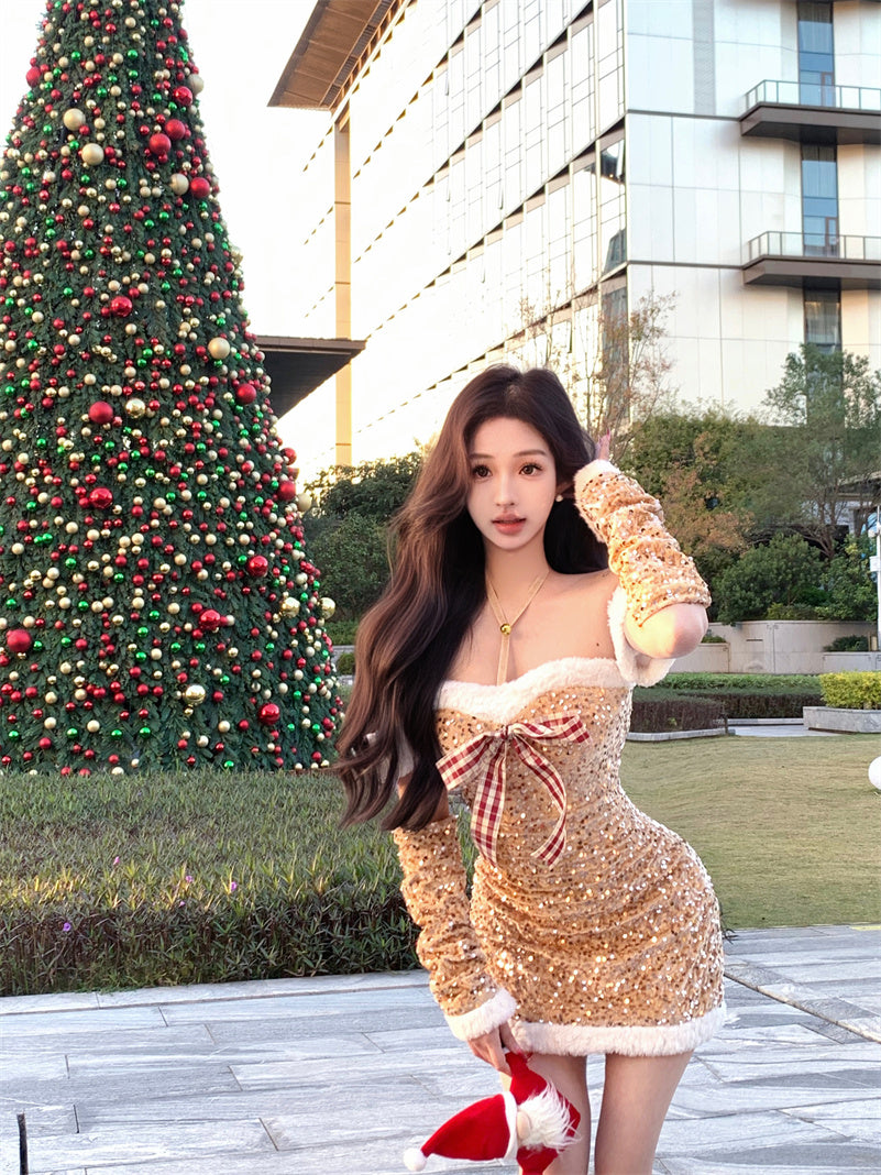 Christmas Day Style Off-Shoulder Bows Mini Skirt Glittering Sequins Fur Trim Bodycon Short Dress AP3633