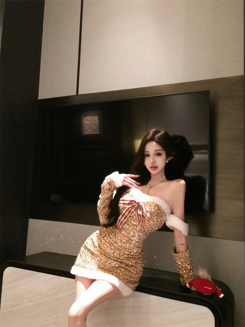 Christmas Day Style Off-Shoulder Bows Mini Skirt Glittering Sequins Fur Trim Bodycon Short Dress AP3633