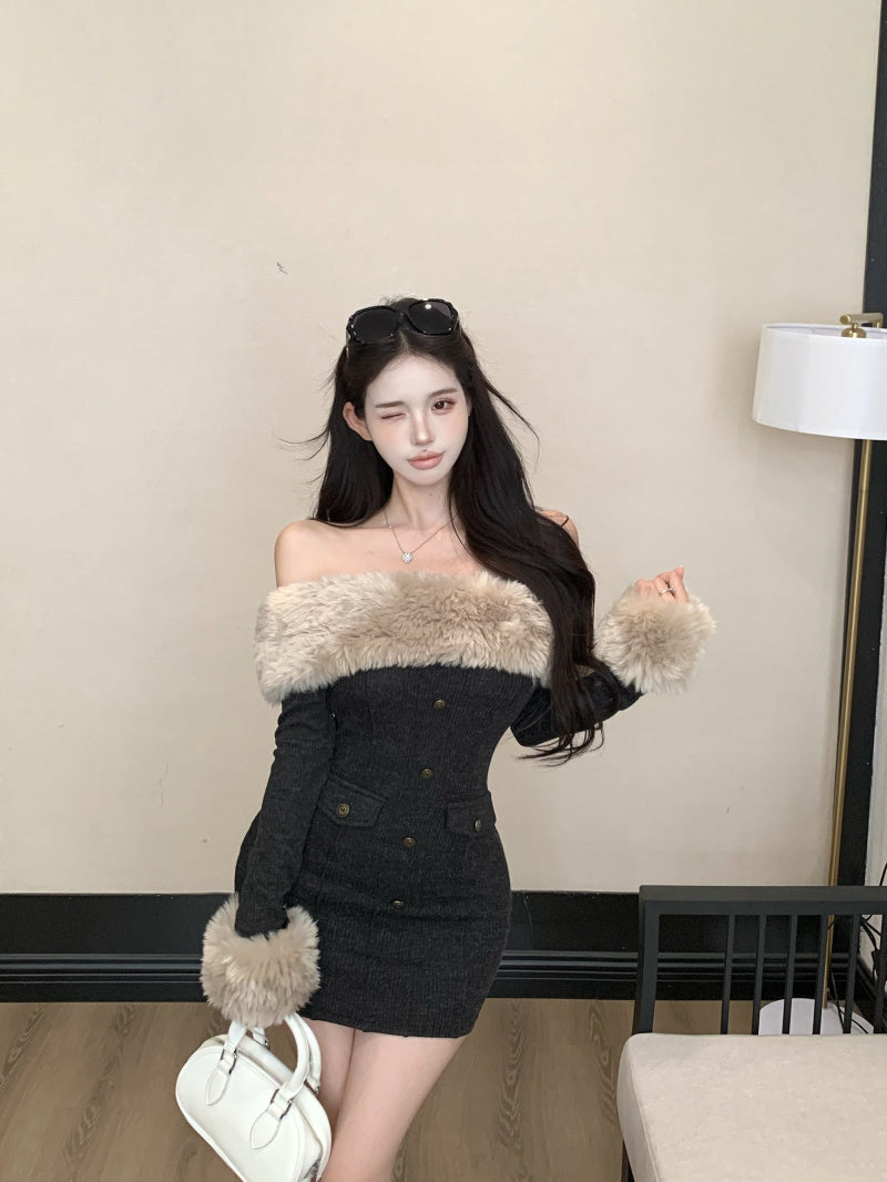 Charming Fur Trim Off-Shoulder Mini Skirt Novelty Bodycon Long Sleeve Short Dress AP3634