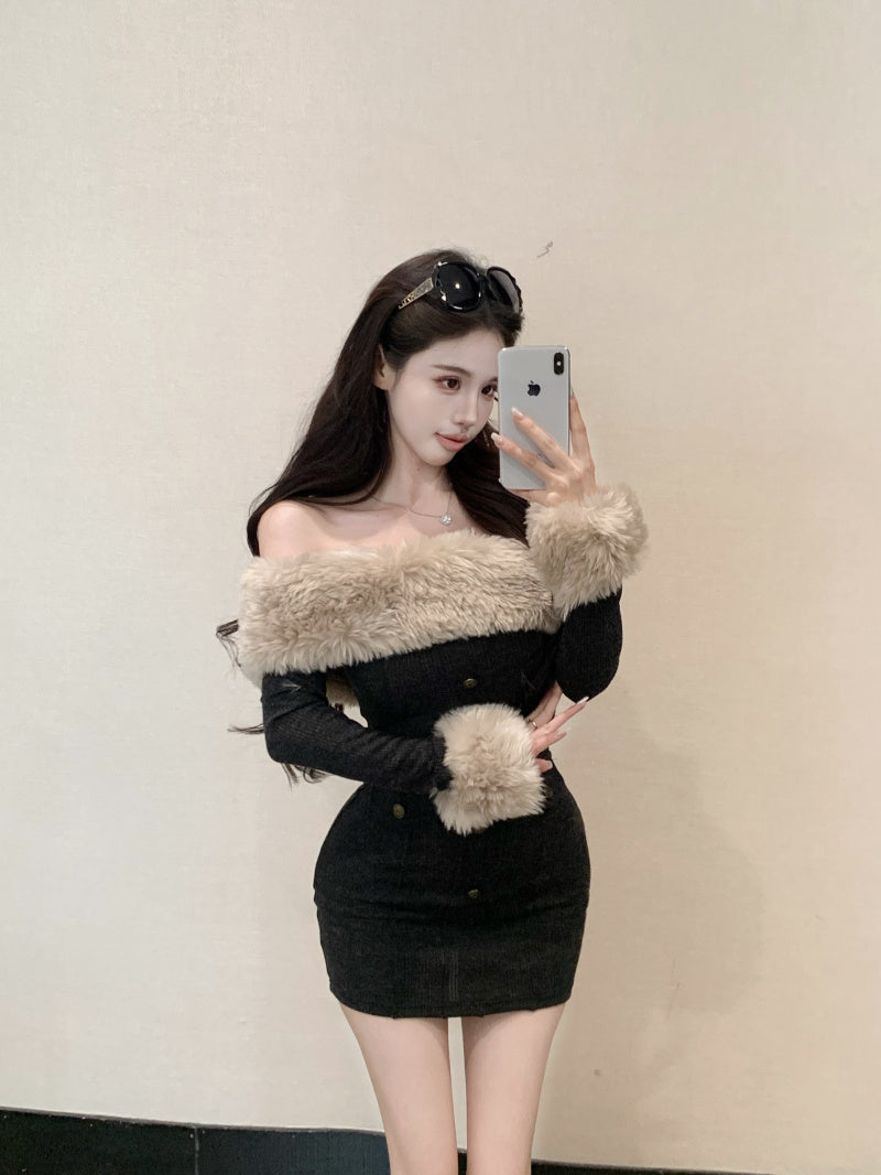 Charming Fur Trim Off-Shoulder Mini Skirt Novelty Bodycon Long Sleeve Short Dress AP3634